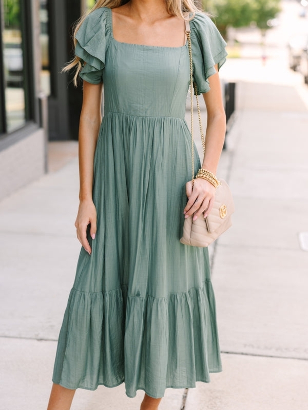 Listicle Sage Green Square Neck Midi Dress with Flutter Sleeves